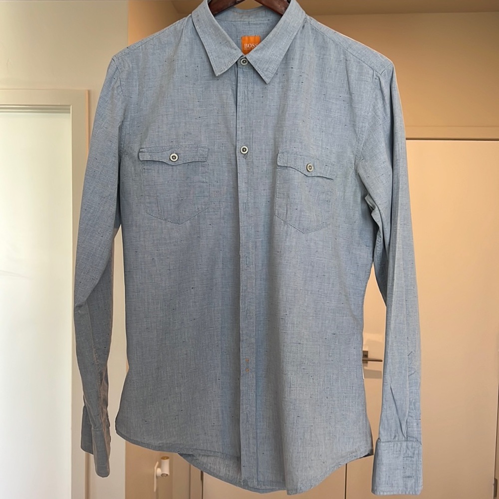 BOSS Orange Men’s Casual Button Down Shirt Blue Double Pocket Medium